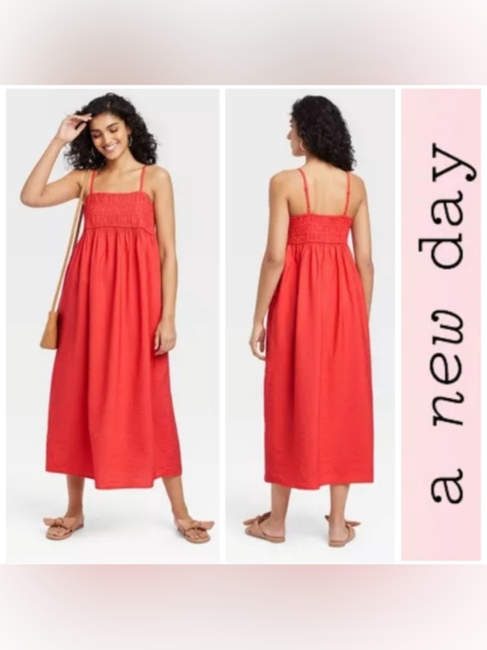 NWT A New Day Red Smocked Midi Dress with Spaghetti Straps and pockets